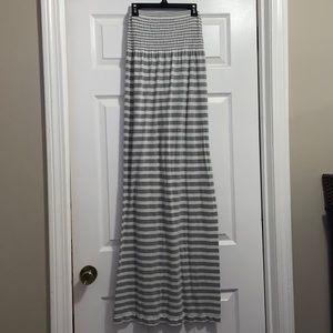 Long white and gray striped dress.
